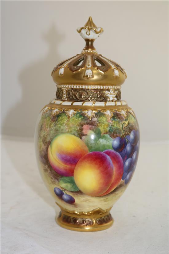 A Royal Worcester fruit painted pot pourri vase, inner cover and pierced cover, c.1957, 24.1cm (9.5in.)